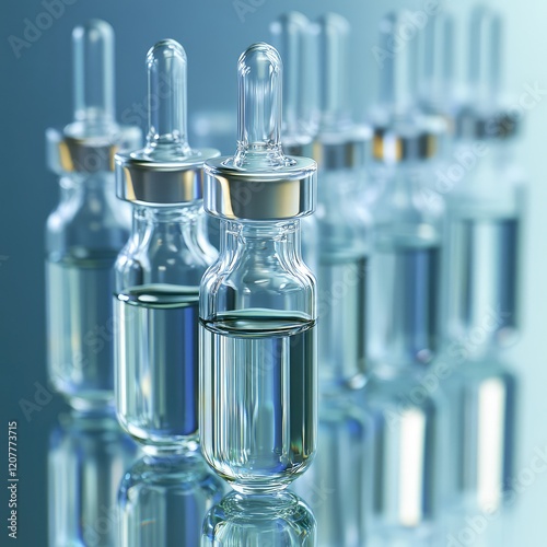 Transparent Glass Ampoules with Clear Liquid for Low Molecular Weight Heparin Testing on Reflective Surface with Soft Blue Background and Empty Space for Text photo