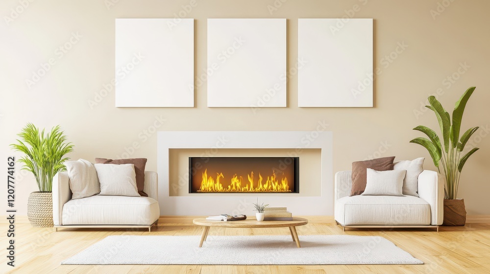 Fototapeta premium Three empty canvases are arranged on a beige wall, providing a versatile backdrop for future artwork or decoration.