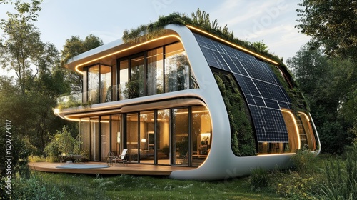 Futuristic AI Architecture with Integrated Solar Panels and Eco-Inspired Design