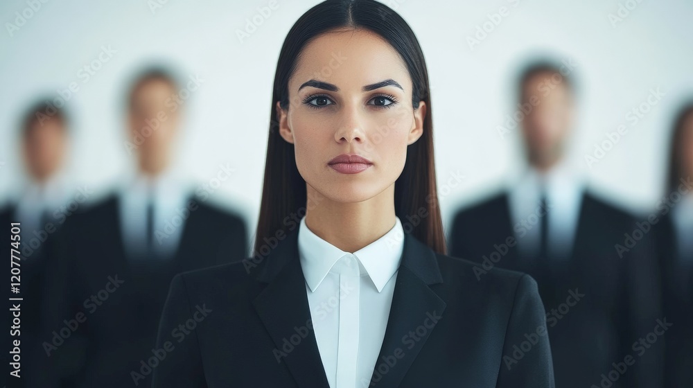 Leading with Confidence: A powerful woman in a black suit stands confidently at the forefront of her team, exuding an aura of leadership and determination. Her gaze is strong and focused. Leading with Confidence: A powerful woman in a black suit stands confidently at the forefront of her team, exuding an aura of leadership and determination. Her gaze is strong and focused.