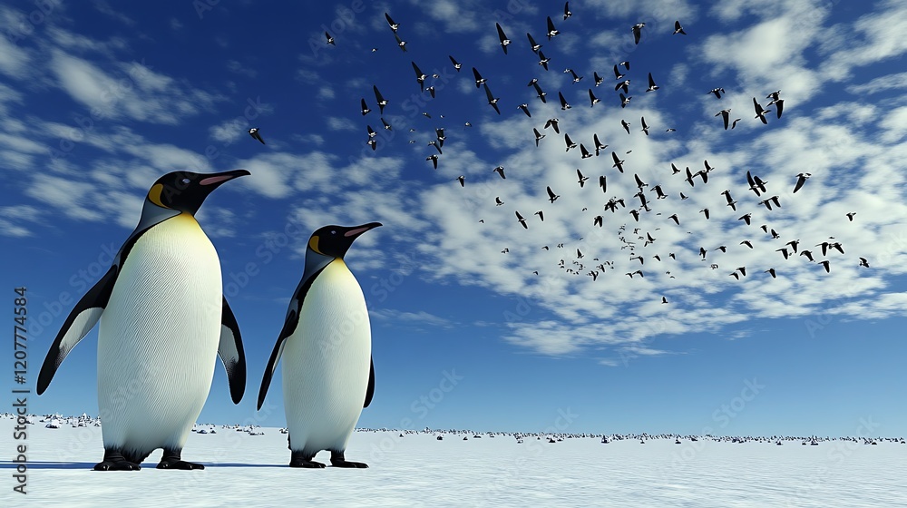 Obraz premium Two penguins are watching birds flying above the clouds
