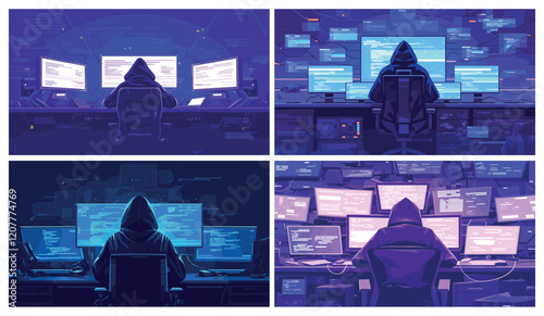 Hacker. Anonymous cyber thief attack information systems, surrounded by computer screens, digital crime danger vector illustration