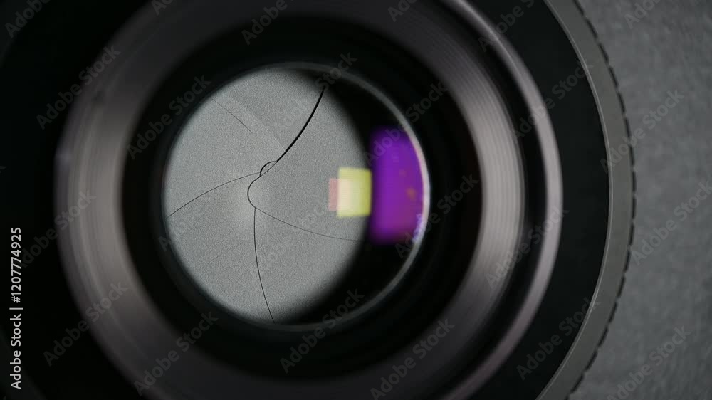 Camera lens shutter release in operation.