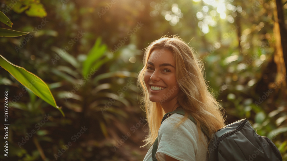 Young woman smiling while hiking alone in Amazon rainforest. Young woman smiling while hiking alone in Amazon rainforest.