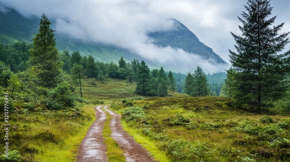 Fototapeta premium Lush green highland forest path winding through misty terrain with rugged mountains under cloudy sky in serene atmosphere