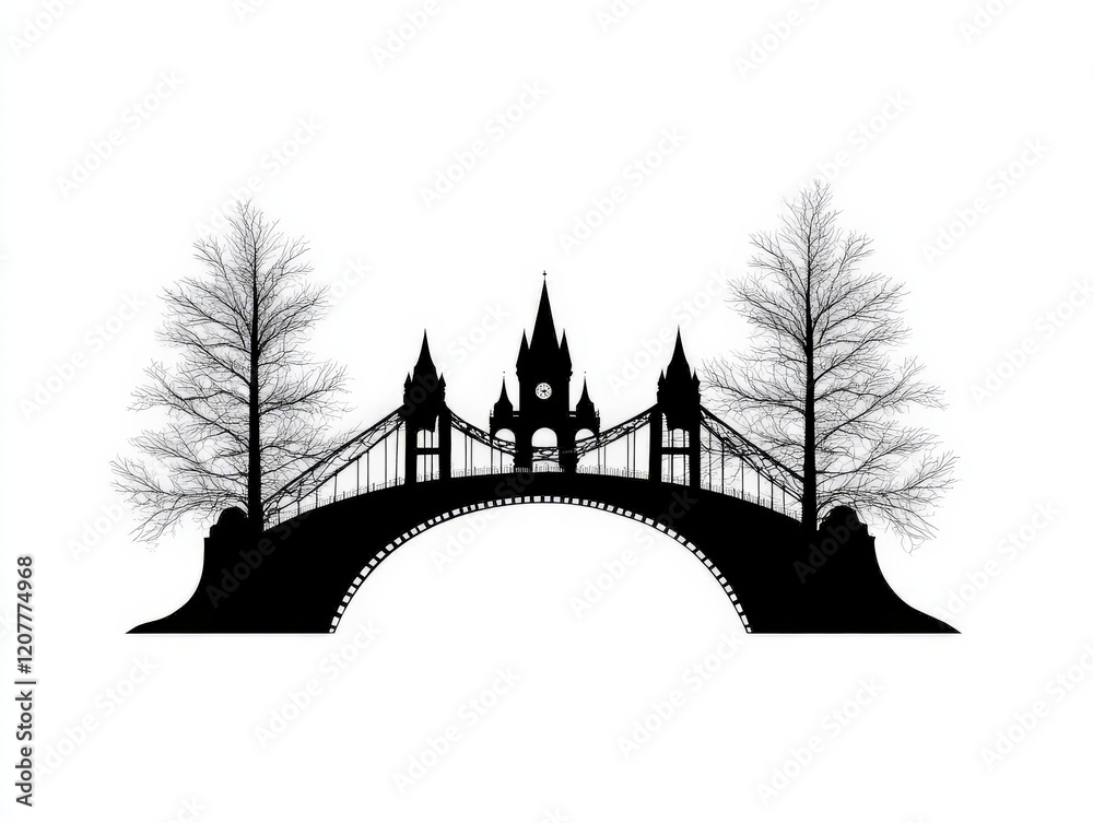 Fototapeta premium Black silhouette of a decorative bridge connecting trees and a castle like structure, symbolizing fantasy, architectural charm, and storybook landscapes for creative illustration