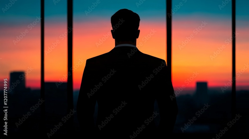 Silhouette of a Businessman at Sunset: A contemplative businessman, silhouetted against a vibrant sunset over a cityscape, contemplates the future from a high-rise office. The image evokes ambition. Silhouette of a Businessman at Sunset: A contemplative businessman, silhouetted against a vibrant sunset over a cityscape, contemplates the future from a high-rise office. The image evokes ambition.