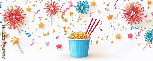 colorful noodle bowl with chopsticks is surrounded by festive decorations like stars, streamers, and paper pom poms, creating joyful atmosphere photo