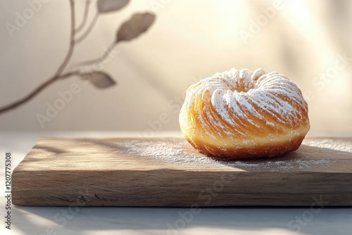 A delicious, powdered sugar-dusted cruller rests on a rustic wooden board, bathed in sunlight.