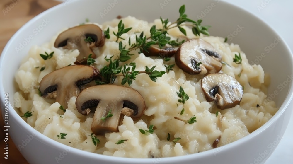 Mushroom Risotto Garnished with Fresh Thyme and Sliced Mushrooms in a White Bowl Mushroom Risotto Garnished with Fresh Thyme and Sliced Mushrooms in a White Bowl