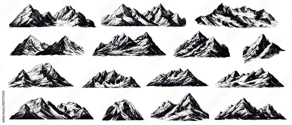 Naklejka premium Hand drawn mountain. Sketch peaks rocky hills range, nature adventure hiking travel panoramic landscapes set vector illustration