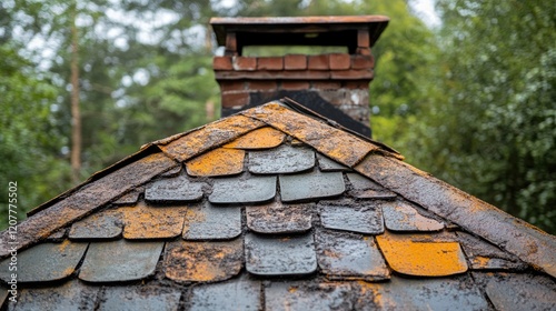 Old roofing with grease stains on shingles and chimney surrounded by trees showcasing wear and environmental exposure on a residential home. photo