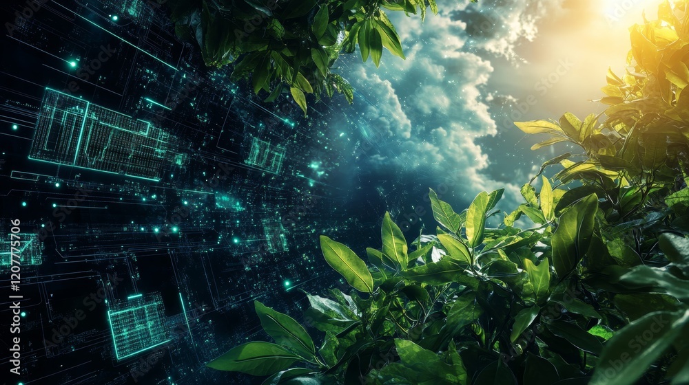 Fototapeta premium Harmony of Nature and Technology: Sustainable AI Energy Grid in Eco-Tech Futuristic Setting
