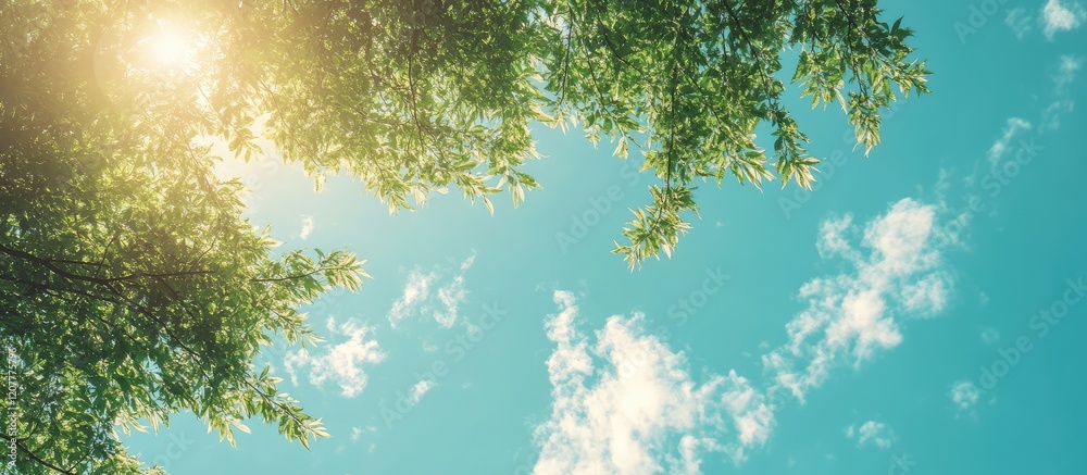 Lush Green Tree Canopy with Soft Fading Shadows Beneath Clear Blue Sky and Bright Sunlight Ideal for Text and Graphics Space Lush Green Tree Canopy with Soft Fading Shadows Beneath Clear Blue Sky and Bright Sunlight Ideal for Text and Graphics Space