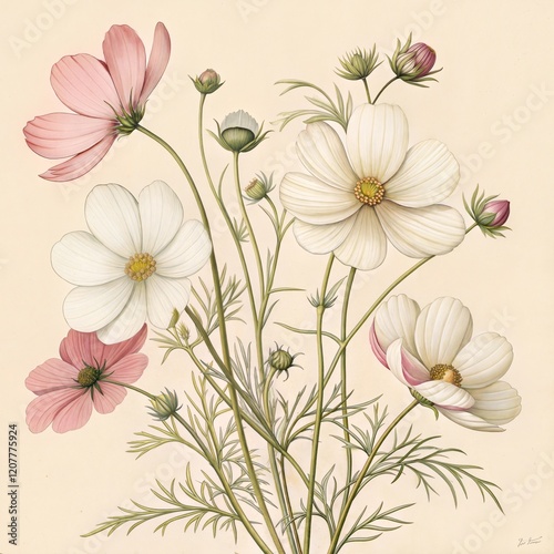Botanical illustration, cosmos flowers, white and pink petals, delicate stems, light beige background,
