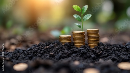Growth of investment illustrated by coins and upward arrow amidst green plant...