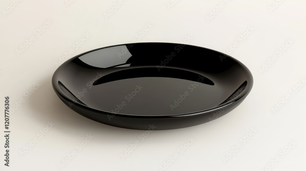 Black ceramic plate with glossy finish on white background and ample copy space for text placement. Black ceramic plate with glossy finish on white background and ample copy space for text placement.