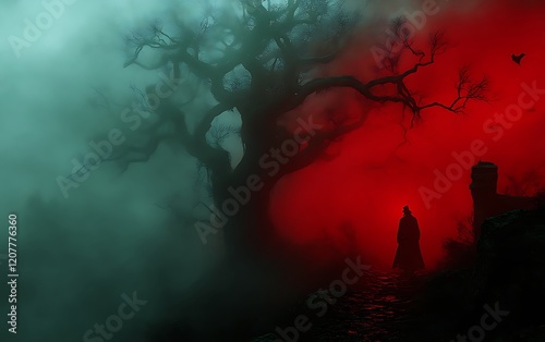 Silhouette of a person in a dark robe standing in a spooky forest with a large tree and red fog.