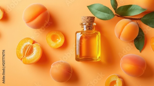 Peach essential oil bottle surrounded by fresh peach fruit and slices on orange background with Copy Space photo