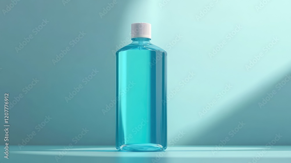 Transparent bottle with light blue liquid against a soft turquoise background with Copy Space for text placement Transparent bottle with light blue liquid against a soft turquoise background with Copy Space for text placement