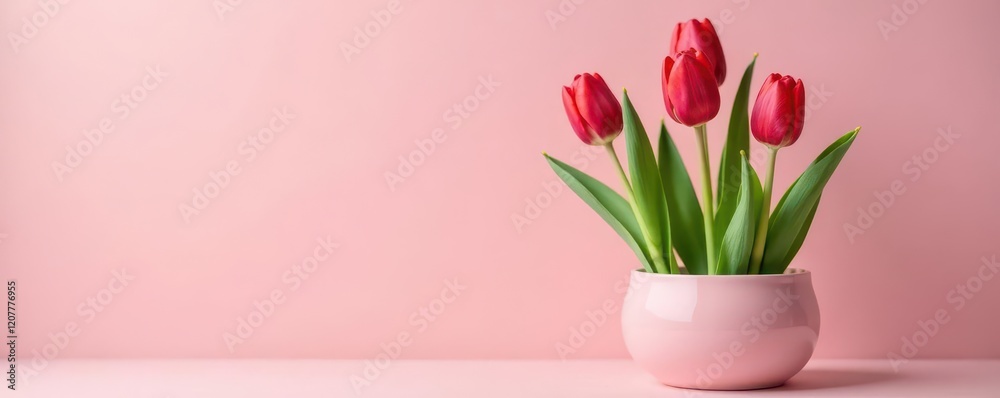 Fototapeta premium Tulip stems and leaves peeking out from a pastel pink ceramic pot, ceramic, plant