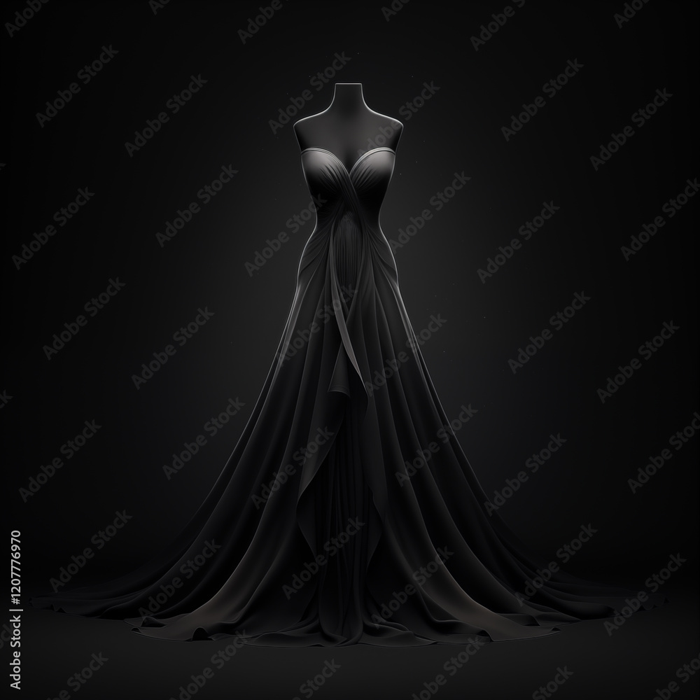 Elegant Black Gown with Flowing Fabric in Minimalistic Setting Elegant Black Gown with Flowing Fabric in Minimalistic Setting