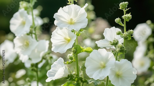 White hollyhock flowers in garden setting with blurred background and natural lighting Copy Space