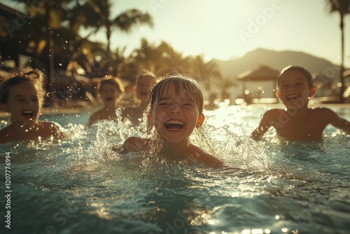 Joyful children playing in a pool during sunset at a tropical resort