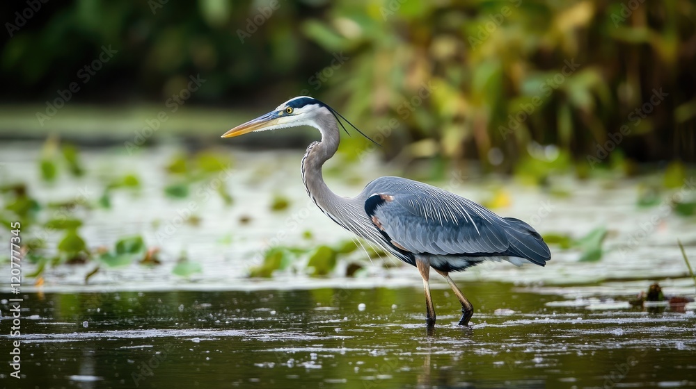 Fototapeta premium Great Blue Heron Wading in Serene Wetlands Amidst Lush Greenery and Calm Waters