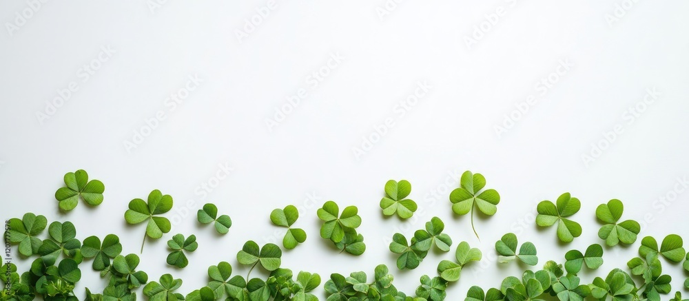 Vibrant green clover leaves arranged artistically on a clean white background creating ample negative space for festive decorations and text insertion Vibrant green clover leaves arranged artistically on a clean white background creating ample negative space for festive decorations and text insertion