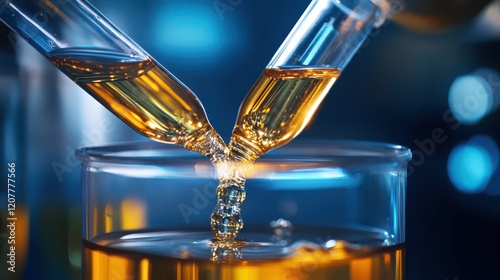 Two test tubes with different liquids are being mixed and poured into a beaker, illustrating a scientific experiment or chemical process. photo