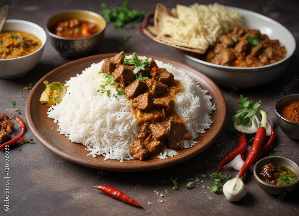 Beautifully arranged platter of basmati rice served alongside a vibrant and flavorful spicy lamb curry , culinary art, colorful food, mouthwatering presentation Beautifully arranged platter of basmati rice served alongside a vibrant and flavorful spicy lamb curry , culinary art, colorful food, mouthwatering presentation