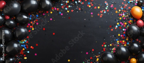 Colorful confetti and black balloons on dark background with Copy Space for celebration event or party invitation text design photo