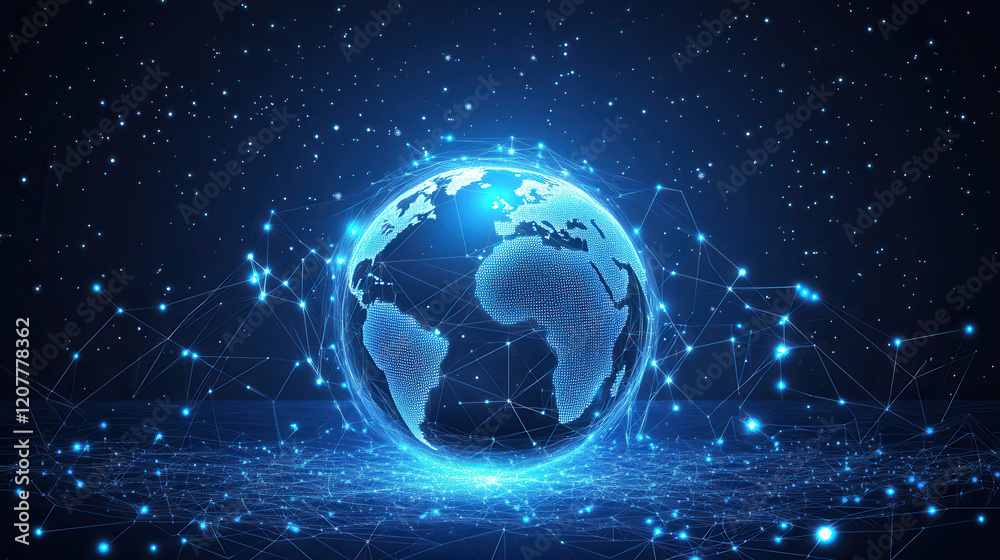 Digital earth with glowing connections and stars in background Digital earth with glowing connections and stars in background