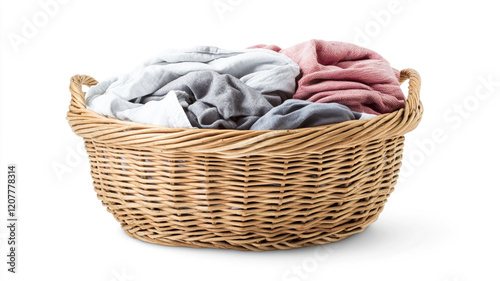 pile of clean laundry in a wicker basket isolated on a white background