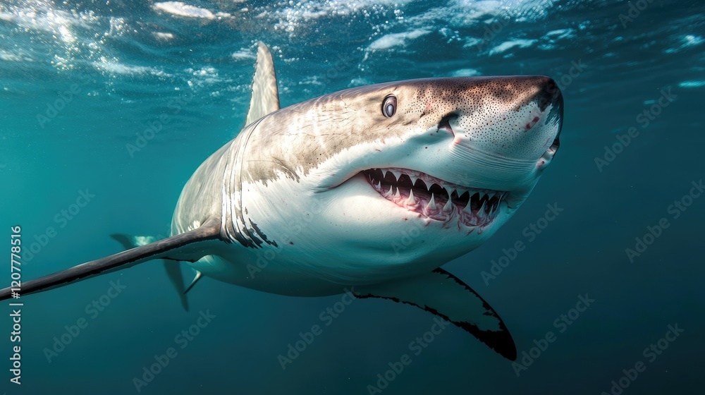 Naklejka premium Great white shark swimming gracefully in clear blue ocean deep with captivating close-up underwater view showcasing its powerful features