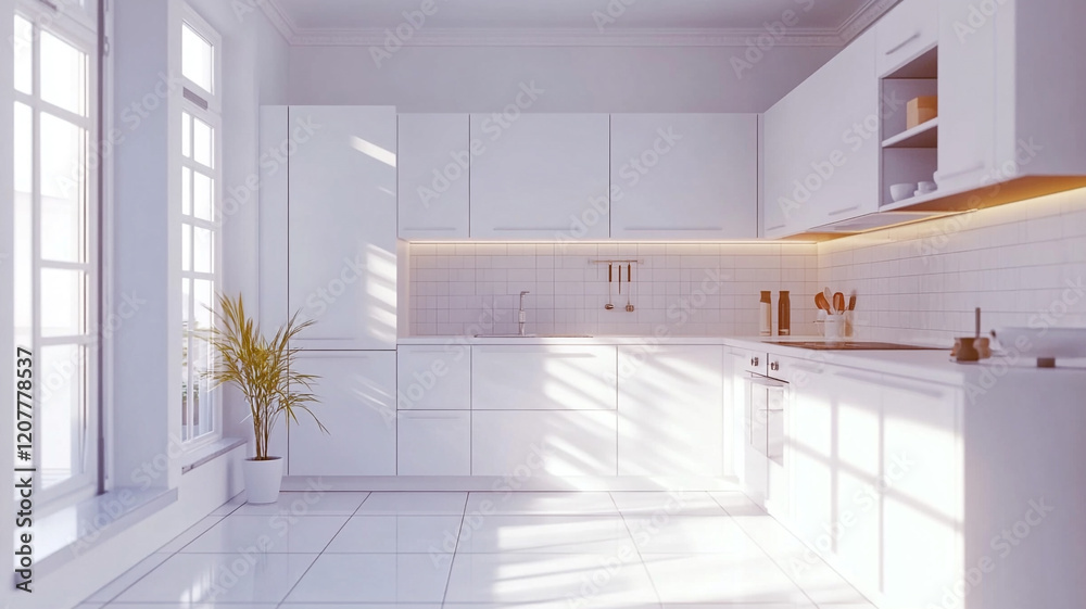 Fototapeta premium Scandinavian minimalist kitchen with white cabinets