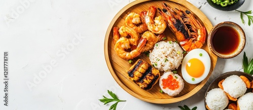 Wallpaper Mural Delicious Aburi Chawanmushi Japanese steamed egg with grilled shrimp, eel, chicken, soft boiled onigiri rice on wooden bamboo plate over white stone background Torontodigital.ca