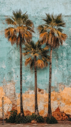 Sunny tropical setting with vibrant palm trees against an aged wall