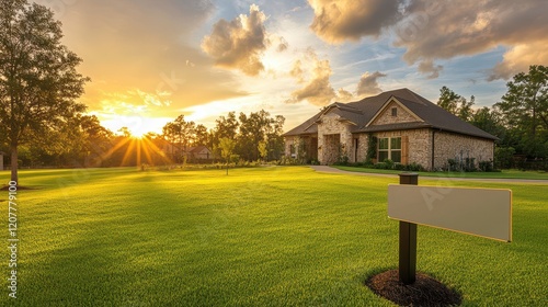 Warm sunset light casts a golden glow over a home for sale, featuring a blank signpost, evoking a real estate concept. photo