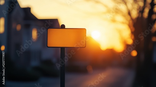 Warm sunset light casts a golden glow over a home for sale, featuring a blank signpost, evoking a real estate concept. photo