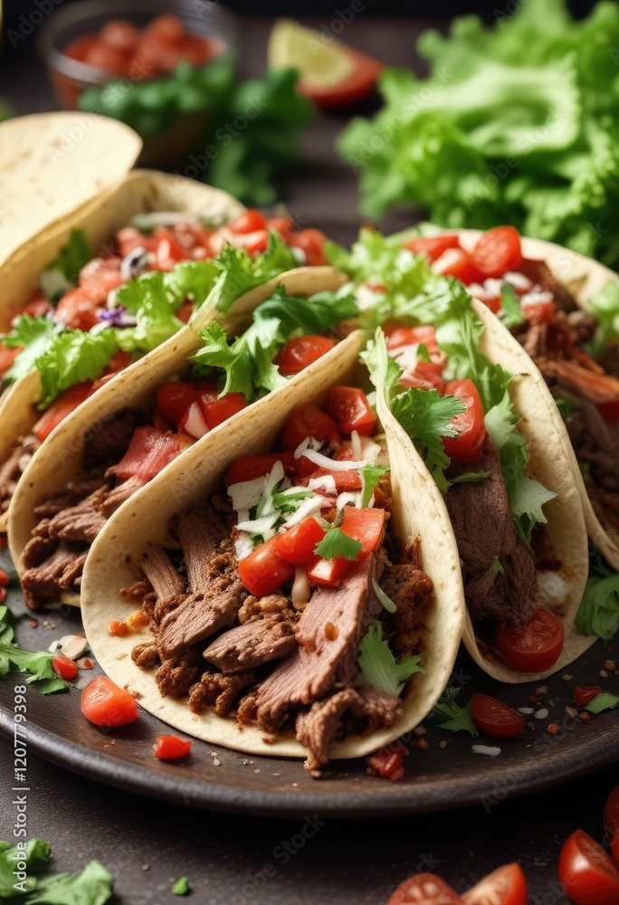 Beef tacos on a plate with crunchy lettuce and tomatoes, crunchy, tomatoes, lettuce