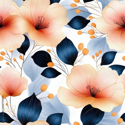 Vibrant Floral Pattern with Soft Peach Flowers, Blue Leaves and Orange Berries on White Background