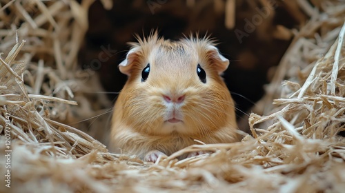 Curious guinea pig peeking from a bed of straw in a cozy enclosure