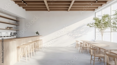 White and wooden cafe interior featuring a clean and simple design with a blank wall, offering a minimalist and fresh ambiance for patrons. photo