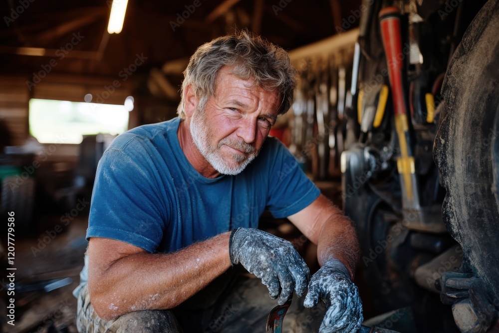 An experienced mechanic poses thoughtfully while repairing a tractor in a workshop, showcasing his craftsmanship and commitment to agricultural machinery maintenance. An experienced mechanic poses thoughtfully while repairing a tractor in a workshop, showcasing his craftsmanship and commitment to agricultural machinery maintenance.