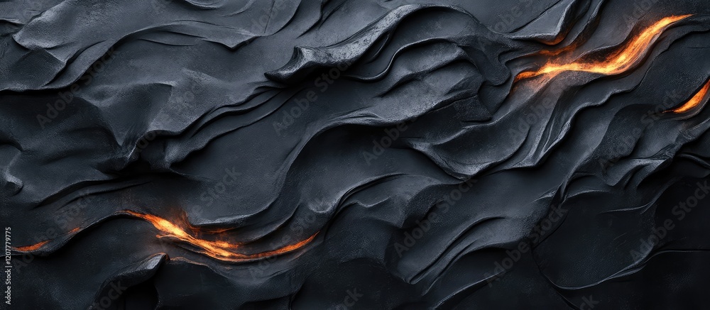 Obraz premium Textured black surface with glowing orange lines creating waves and folds, minimalist design with ample Copy Space.