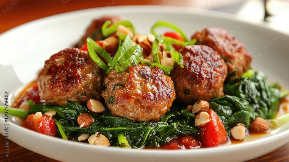 Delicious meatballs served on a bed of sautéed spinach with tomatoes and almonds garnished with green onions Copy Space Delicious meatballs served on a bed of sautéed spinach with tomatoes and almonds garnished with green onions Copy Space
