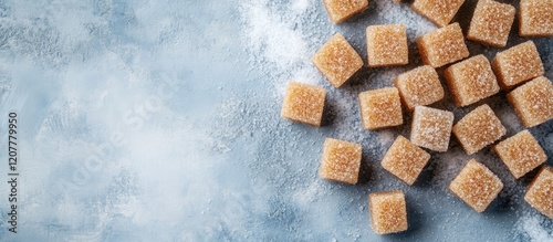 Brown sugar cubes on a textured blue background with Copy Space for text placement photo