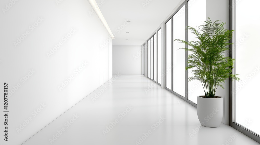 Fototapeta premium White open space office corridor with a clean, minimalistic design and a mock-up wall for flexible branding or decoration.